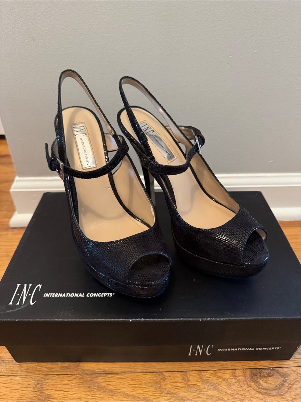 INC International Concepts Black Faux-Snakeskin Slingback Peep-Toe Platforms